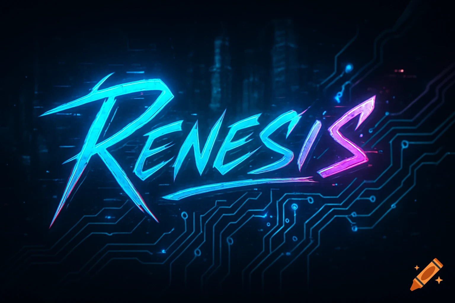 Neon blue and pink glowing text spelling 'Renesis' over a dark background with circuit board patterns.
