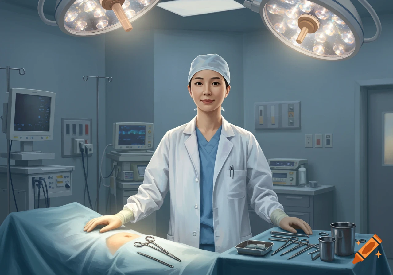 An illustrated female surgeon in a lab coat stands over a patient in a brightly lit operating room.