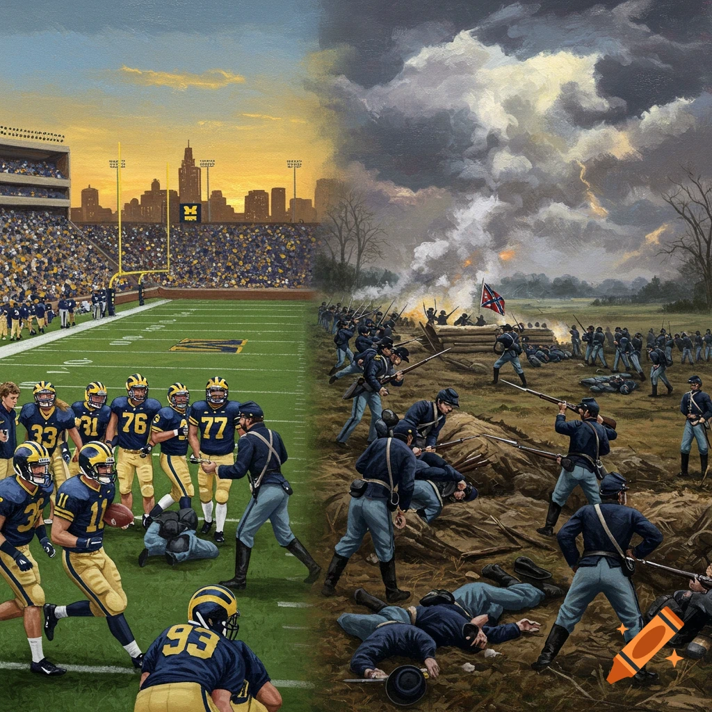 A split image depicting a University of Michigan football game on one side and a Civil War battle on the other.