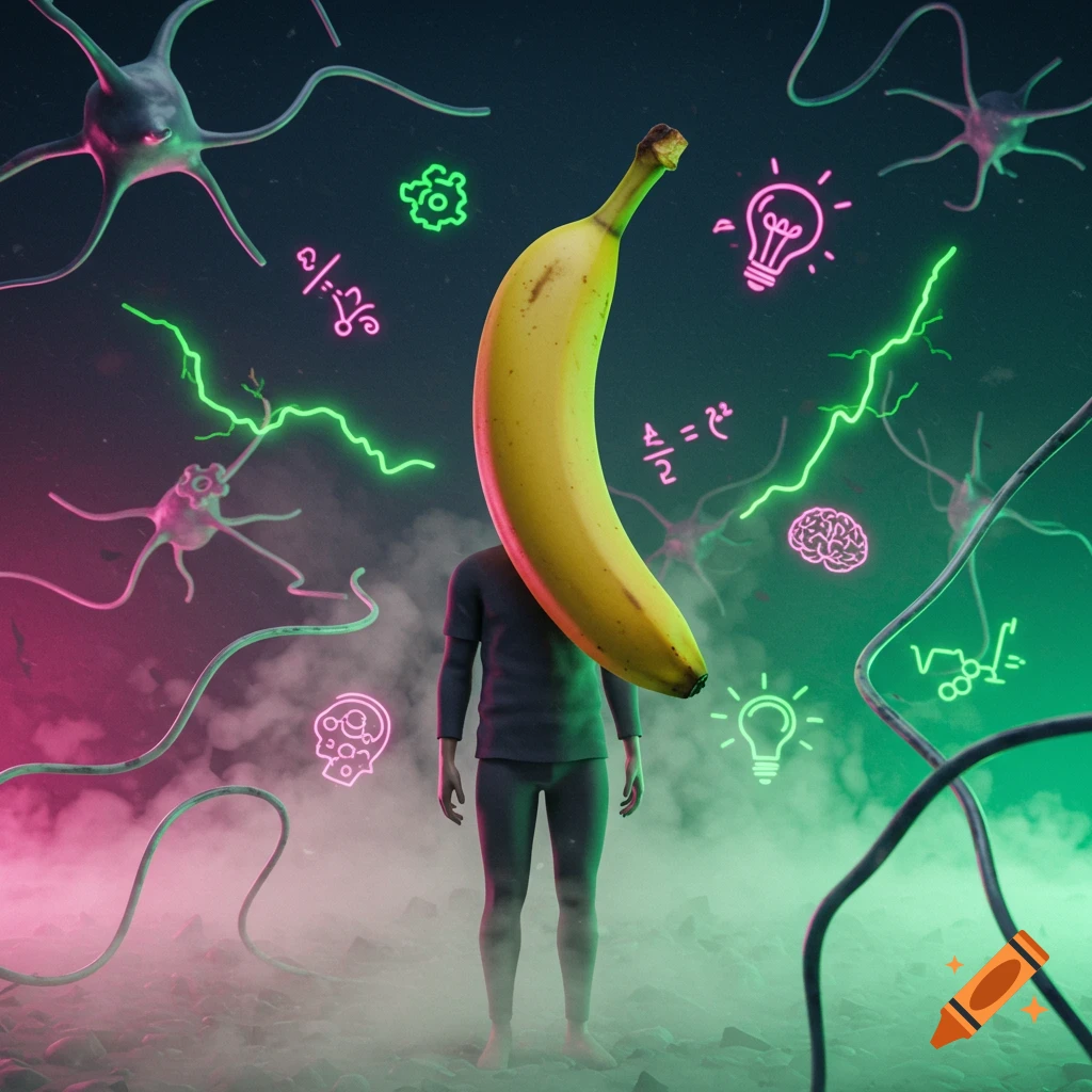 A figure with a banana for a head stands amidst floating neon symbols, neurons, and glowing mist, in a dark, surreal environment.