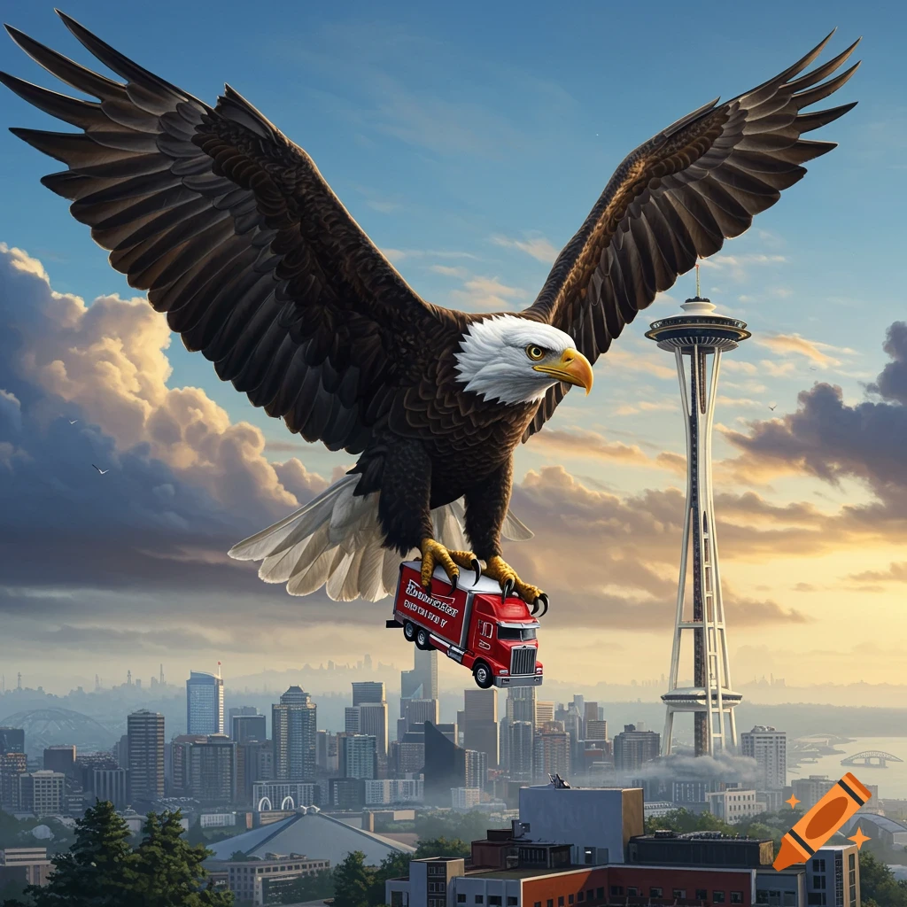 Giant bald eagle flies over Seattle with the Space Needle and a red truck clutched in its talons.