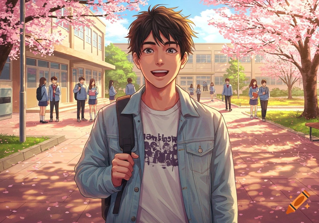 Anime-style young man in a denim jacket and backpack smiling on a cherry blossom path outside a high school, with other students in the background.