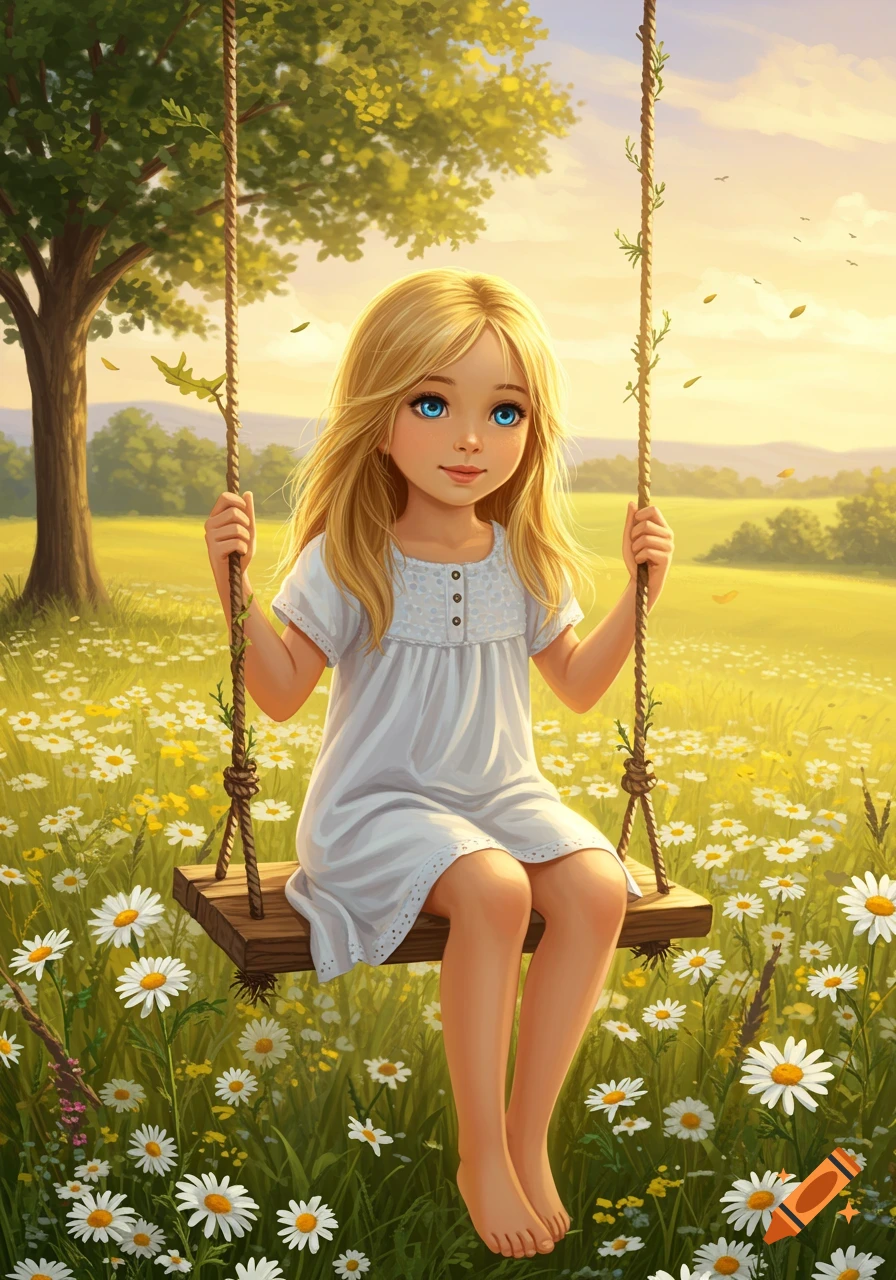 A cute blonde girl with blue eyes sits on a wooden swing in a sunny field of white daisies under a large tree, digital art.