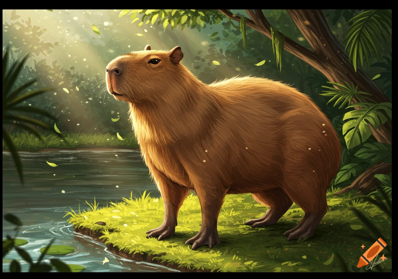 A capybara stands on a grassy riverbank in a lush jungle, bathed in light filtering through the trees.