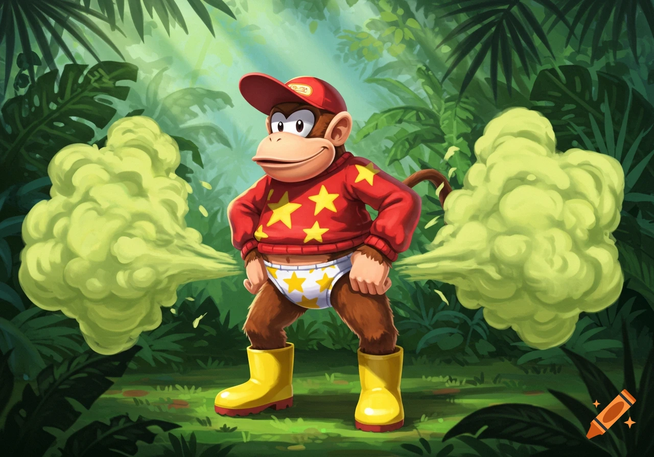 Diddy Kong in a jungle, wearing a red sweater, briefs, and yellow boots, farting yellow-green fumes.