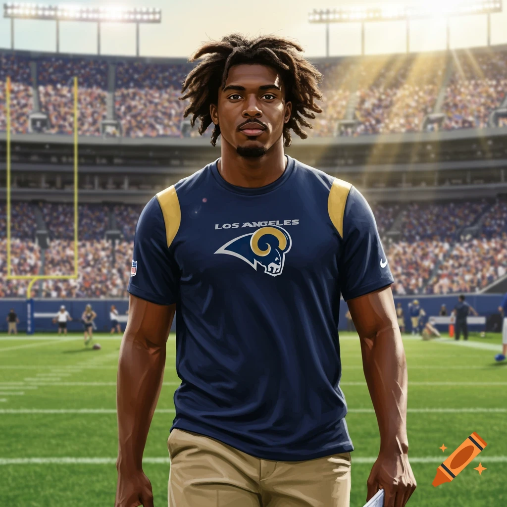 A man with dreadlocks wearing a Los Angeles Rams shirt and khaki pants stands on a football field in a stadium.
