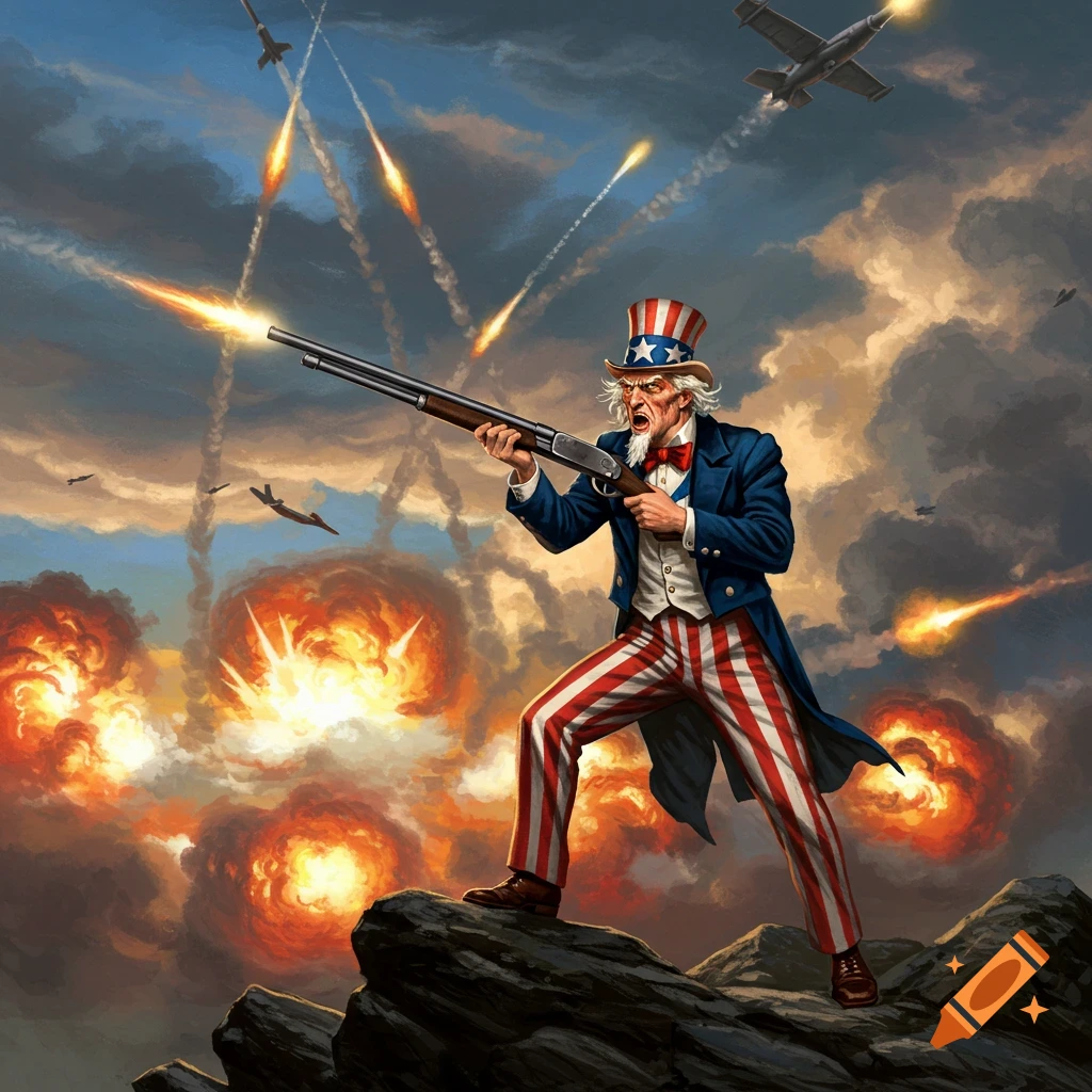 Illustration of an angry Uncle Sam firing a shotgun at missiles, standing on a rocky outcrop amidst explosions.