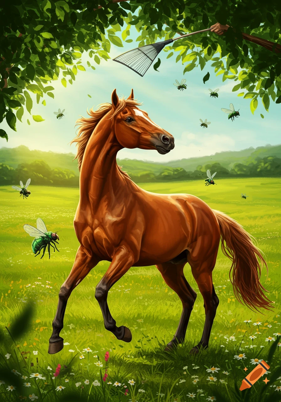A brown horse stands in a vibrant green meadow with white and pink wildflowers. Large green flies buzz around, and a hand holds a rake from above the leafy canopy.