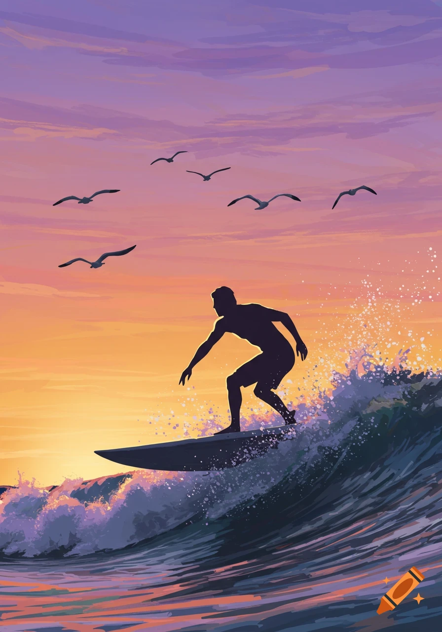 Silhouette of a surfer riding a wave at sunset with seagulls flying above, in an illustrated style.