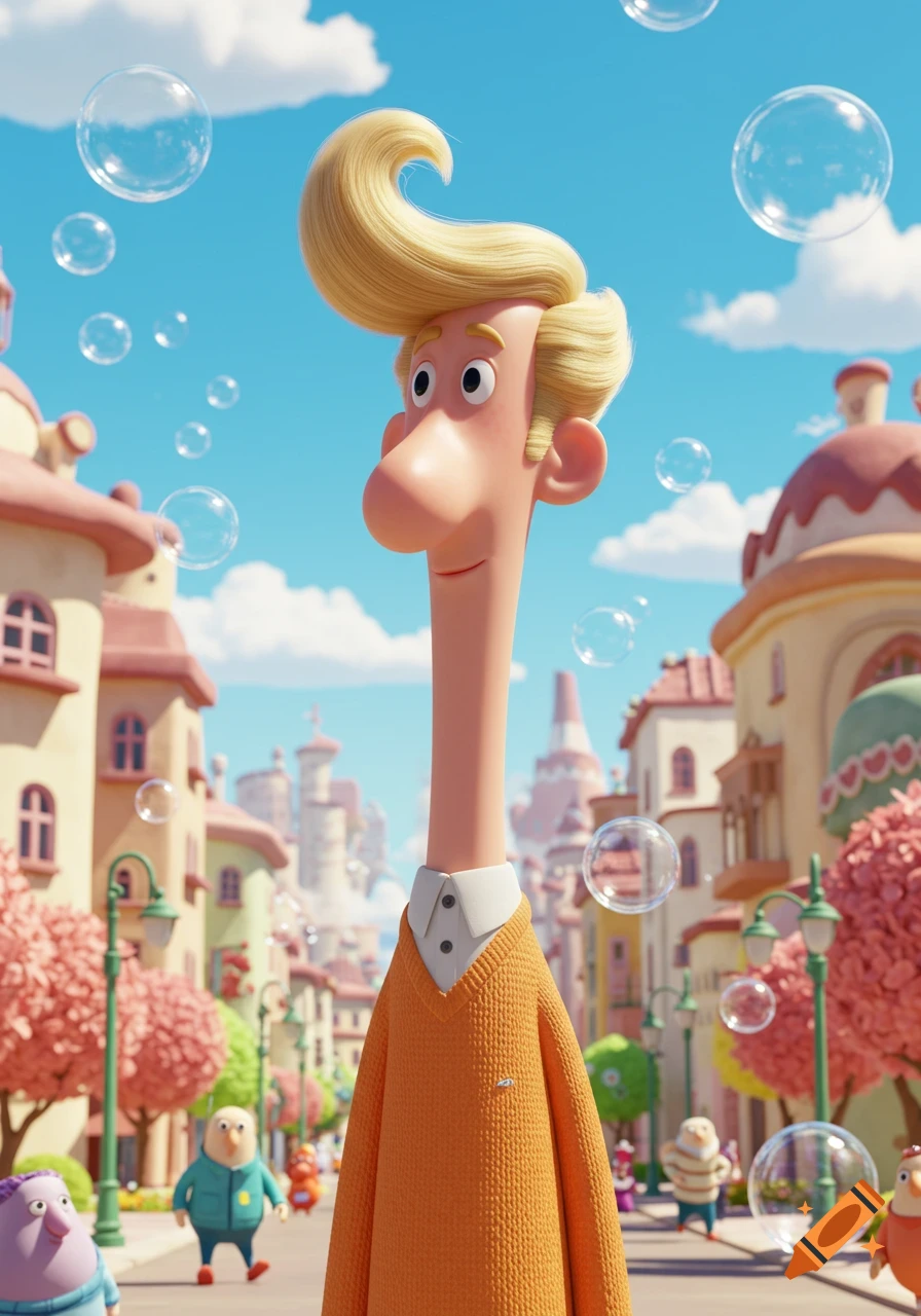 A tall, skinny man with blond hair and a large nose in an orange sweater stands in a bubbly, whimsical Pixar-style town.