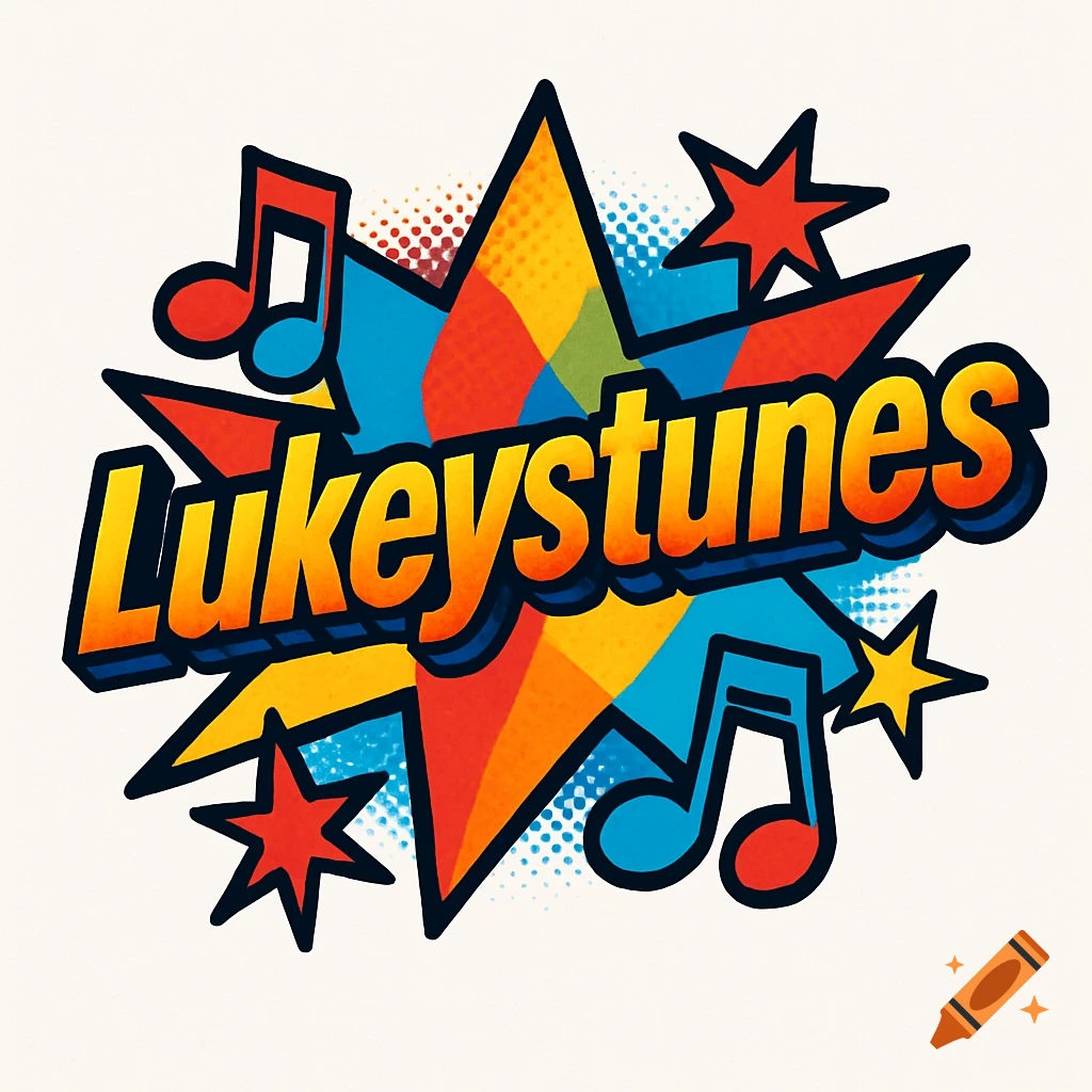 Vibrant pop art logo featuring the word 'Lukeystunes' in bold orange and yellow 3D text bursting from a red and blue star with musical notes.