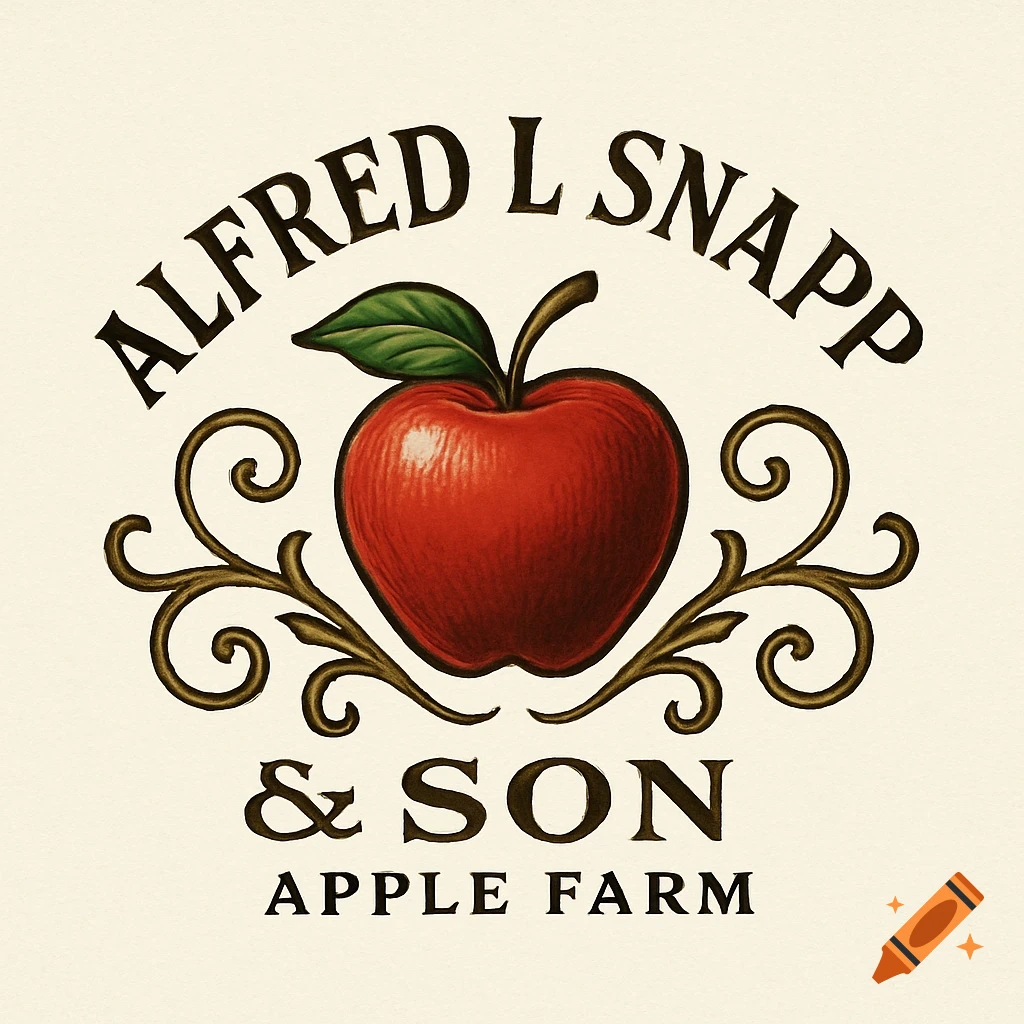 Vintage logo for Alfred L Snapp & Son Apple Farm featuring a red apple with ornate scrollwork.
