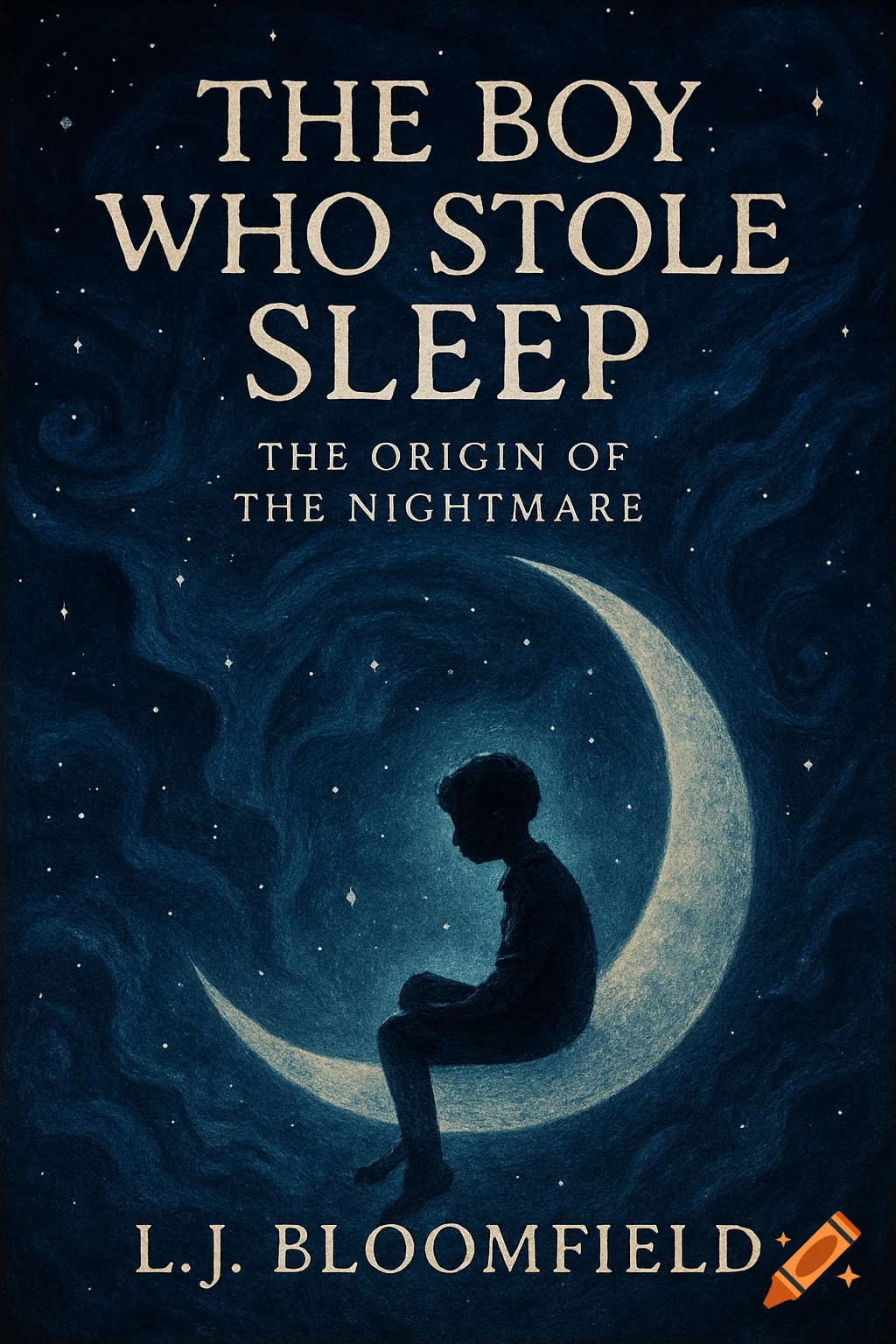 Book cover for 'The Boy Who Stole Sleep' showing a boy's silhouette on a crescent moon in a starry dark blue night sky.