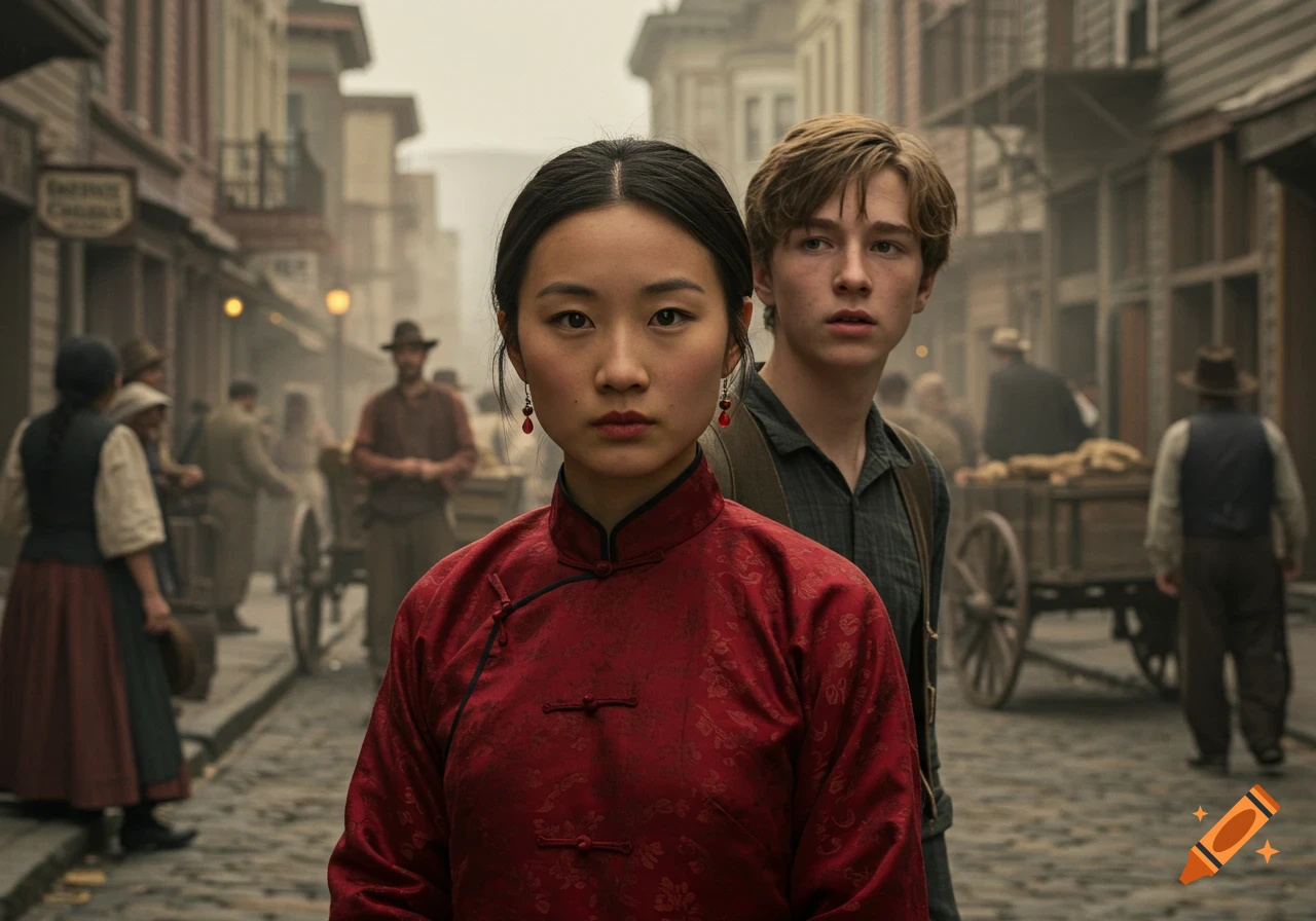 Photorealistic image of a Chinese woman in a red dress with a white teenage boy behind her, on a bustling cobblestone street in 1850s San Francisco.