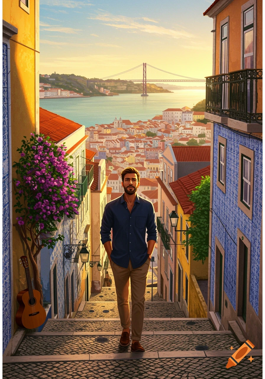 An illustrative scene of a man walking down a steep, colorful street lined with traditional buildings towards a city and bridge at sunset.