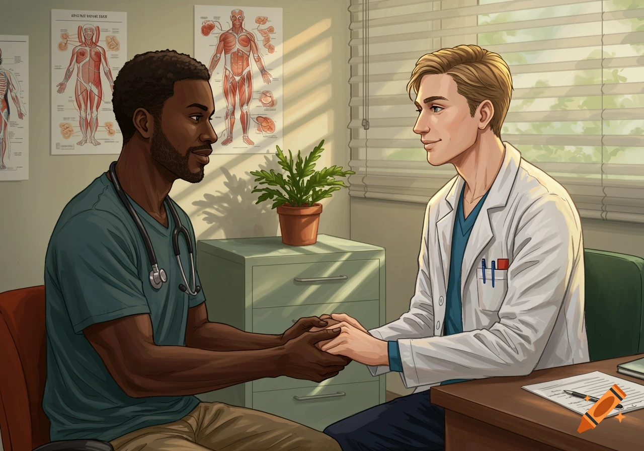 An illustration of a Black man and a white man holding hands in a doctor's office.