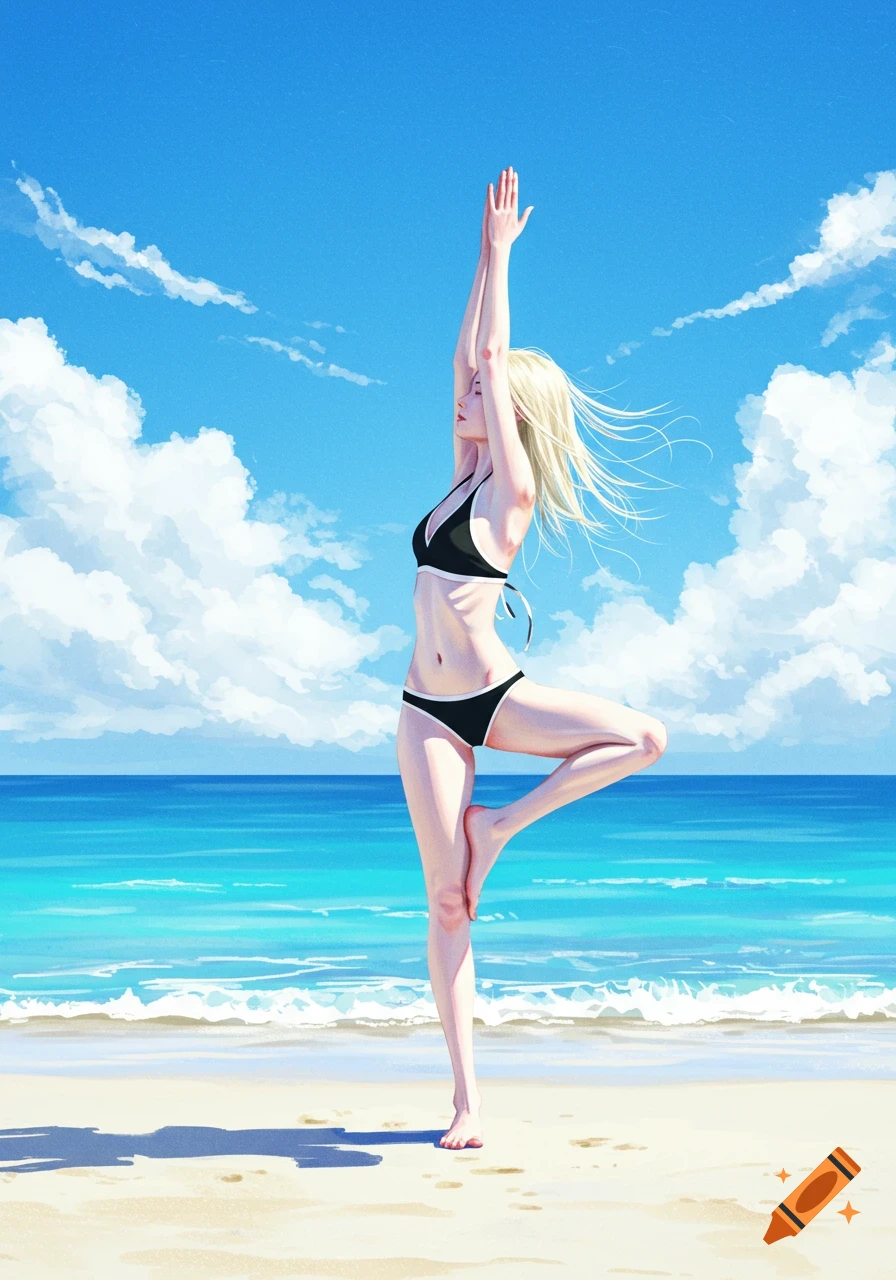 Illustrated woman in a black bikini doing tree pose yoga on a sunny beach with blue sky and ocean.