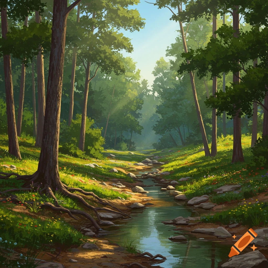 A sunlit forest with tall trees, a winding stream, and mossy rocks, rendered in a painterly style.