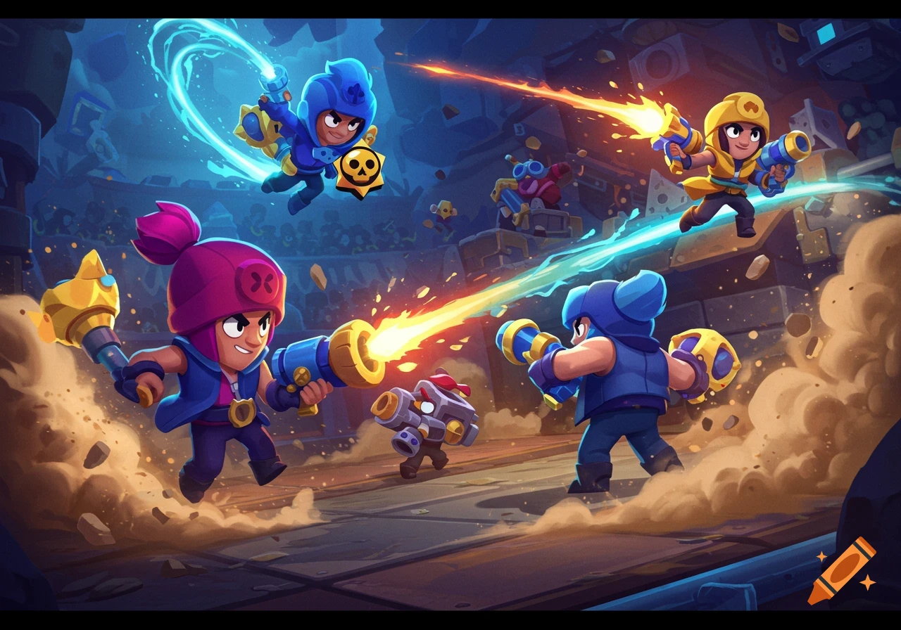 Vibrant cartoon game art depicting characters from Brawl Stars battling in an arena with laser blasts and explosions.