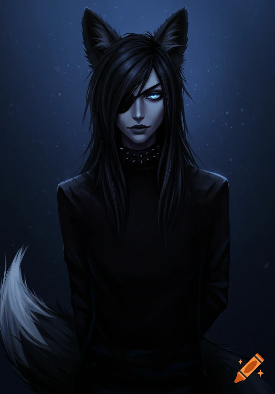 Stylized portrait of an androgynous fox-human character with an eye patch, black hair, and a glowing blue eye.