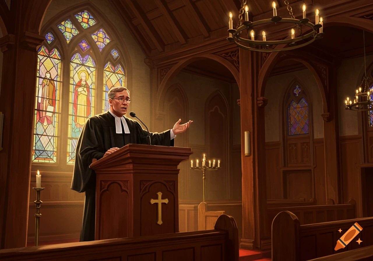 A male pastor in a black robe and white clerical collar preaches from a wooden podium with a cross in a church with stained glass windows.