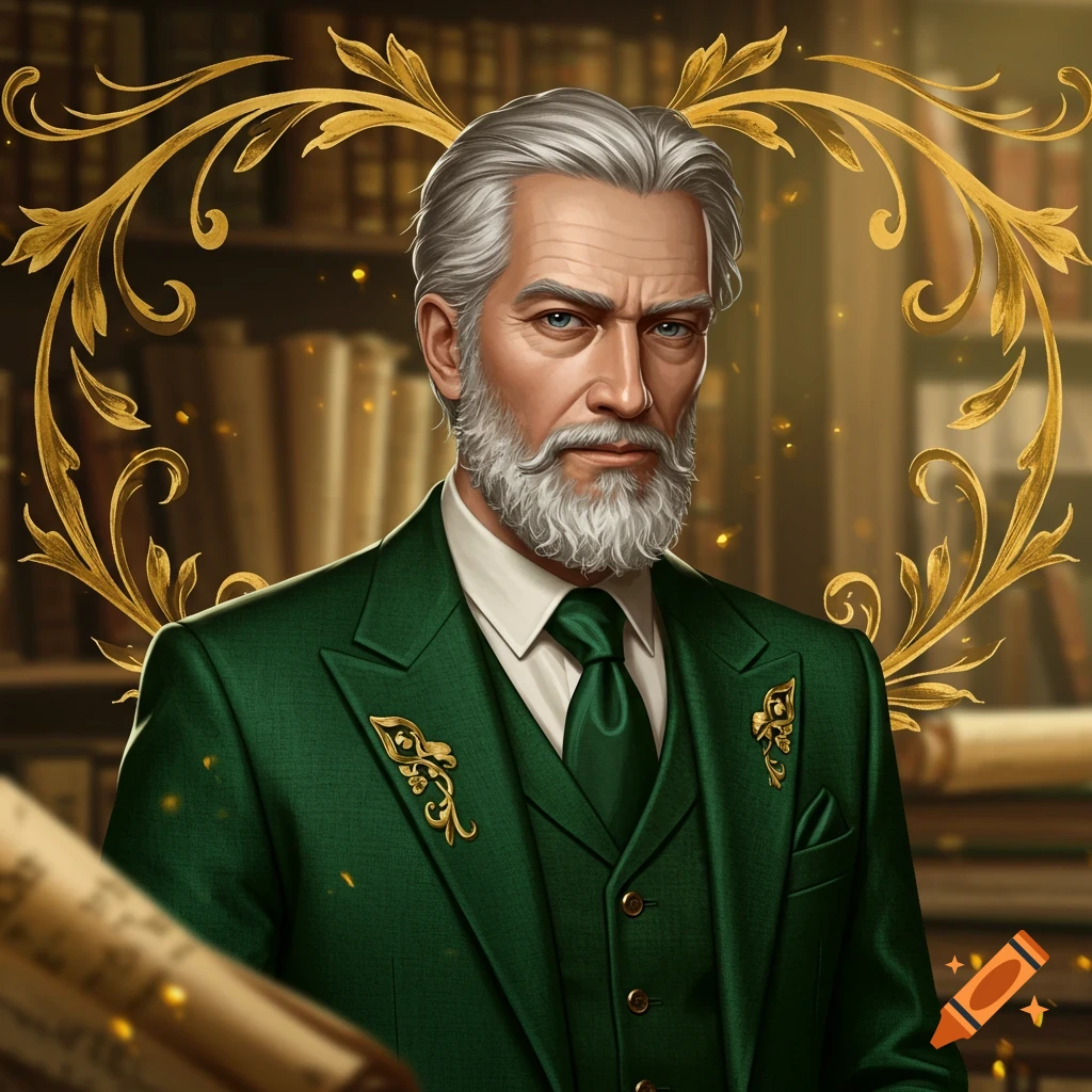 A distinguished man with grey hair and beard in a green suit stands in a library, framed by golden ornate swirls.