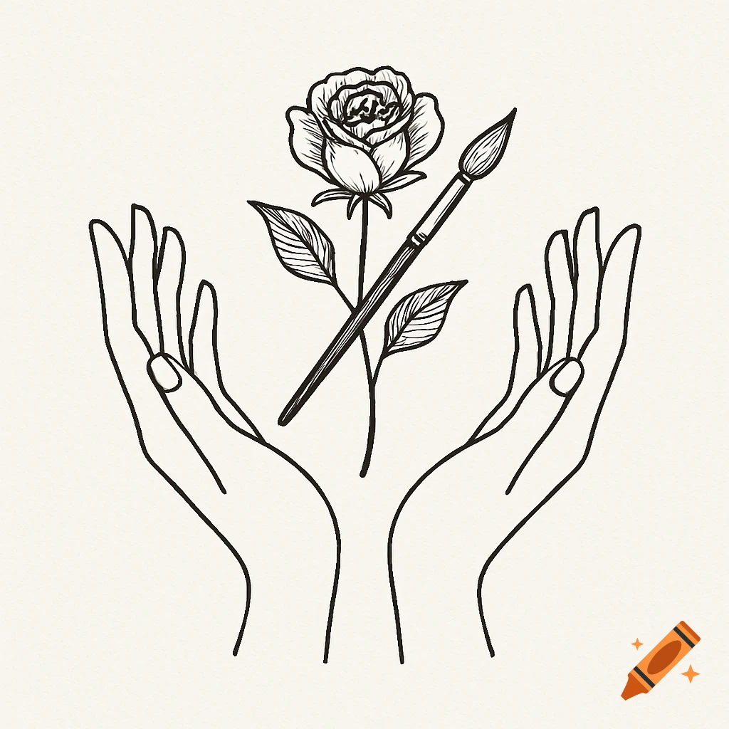 Black and white line art of two hands cupping a rose and a paintbrush.