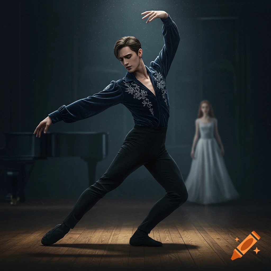 Photorealistic male ballet dancer in a dark blue, embroidered costume on a wooden stage. A blurred woman and piano are in the background.