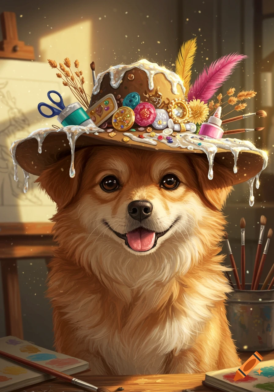 A cute, fluffy dog smiles wearing a whimsical hat adorned with art supplies and colorful embellishments in an artist's studio.
