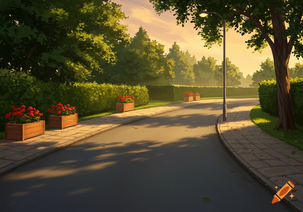 An illustrative view of a winding road and sidewalk lined with green hedges, trees, and red flower planters, bathed in warm sunlight.