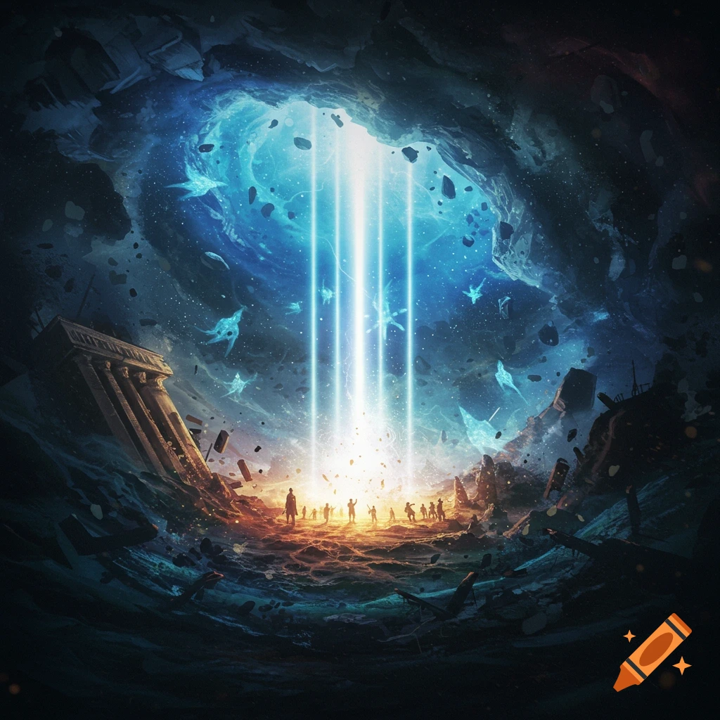 Bright light beams pierce a dark, swirling cavern, illuminating silhouetted figures on a tumultuous ground with floating ethereal creatures.