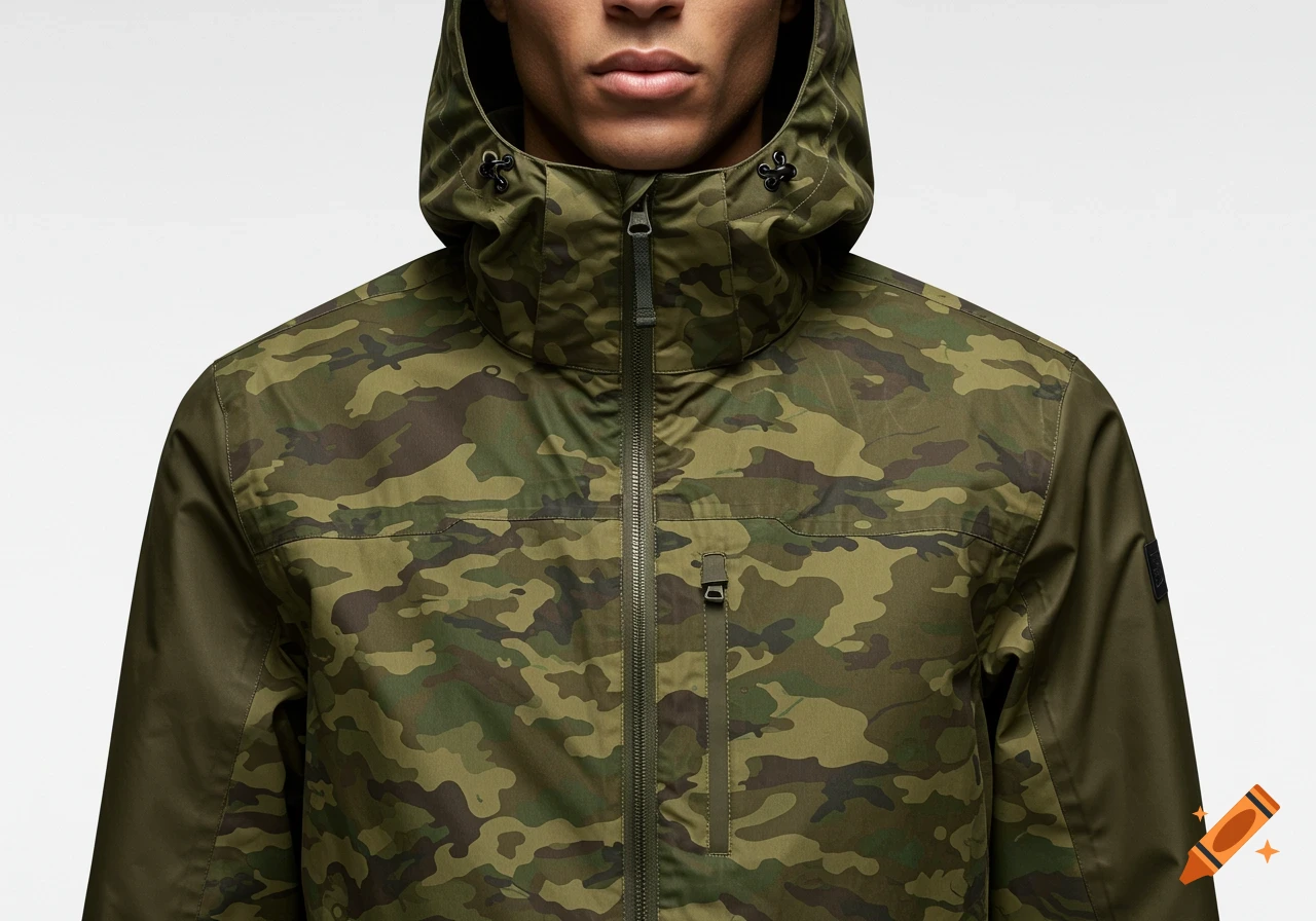 Close-up of a model wearing a green camouflage waterproof jacket with solid green arms on a white background.