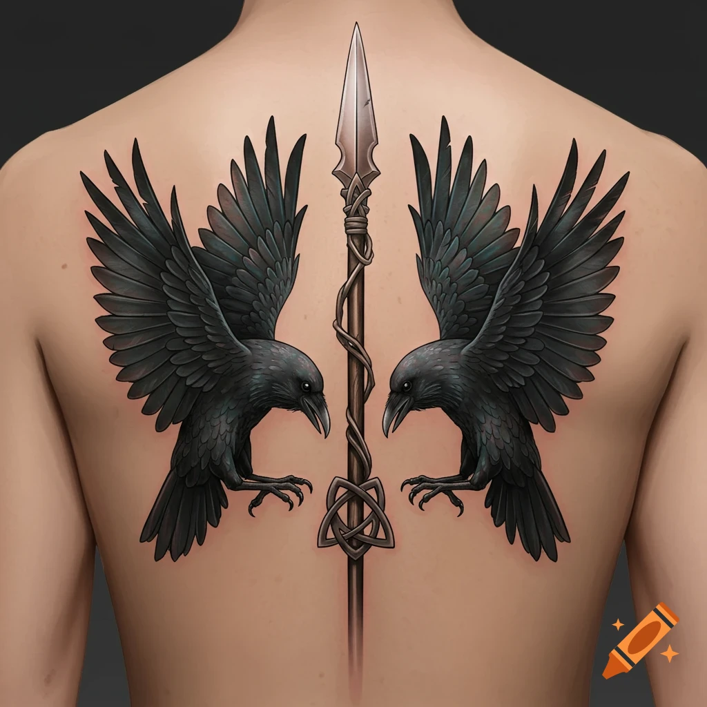 A detailed tattoo on a person's back featuring two black ravens with spread wings flanking a spear, adorned with a Celtic knot.