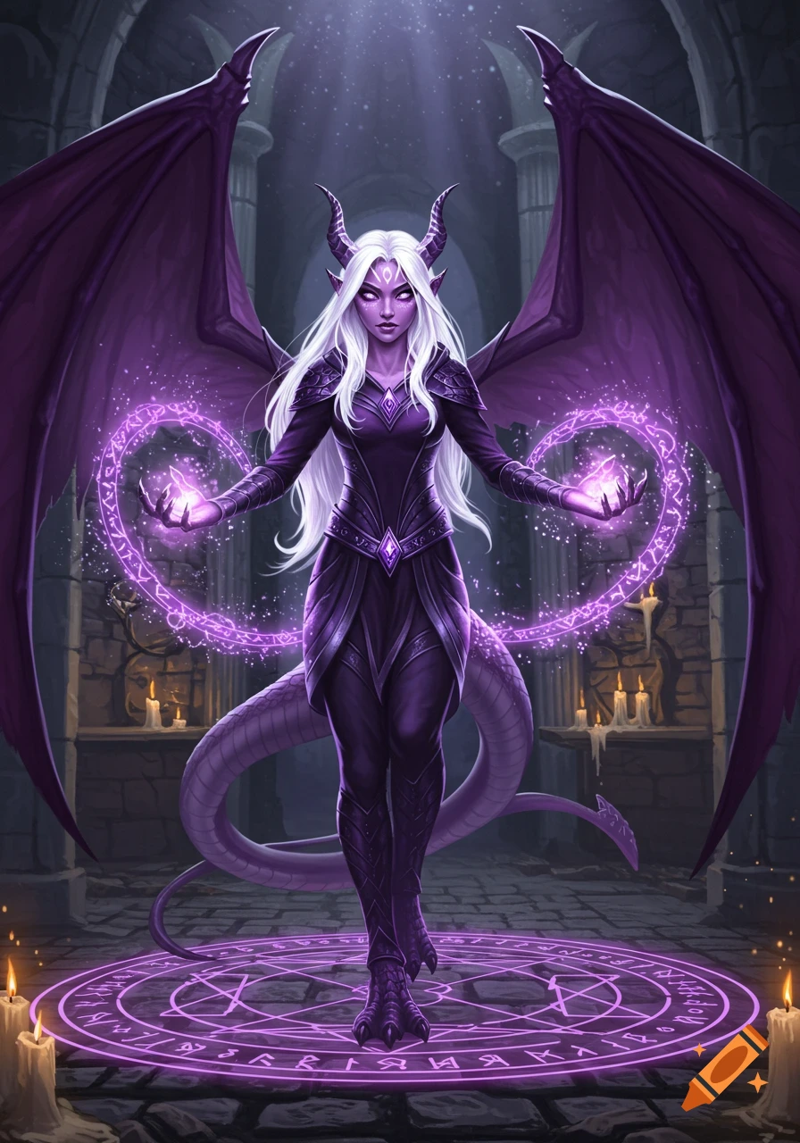 A purple-skinned female fantasy sorcerer with white hair, horns, and large dark wings stands in an ancient hall, casting glowing purple magic.