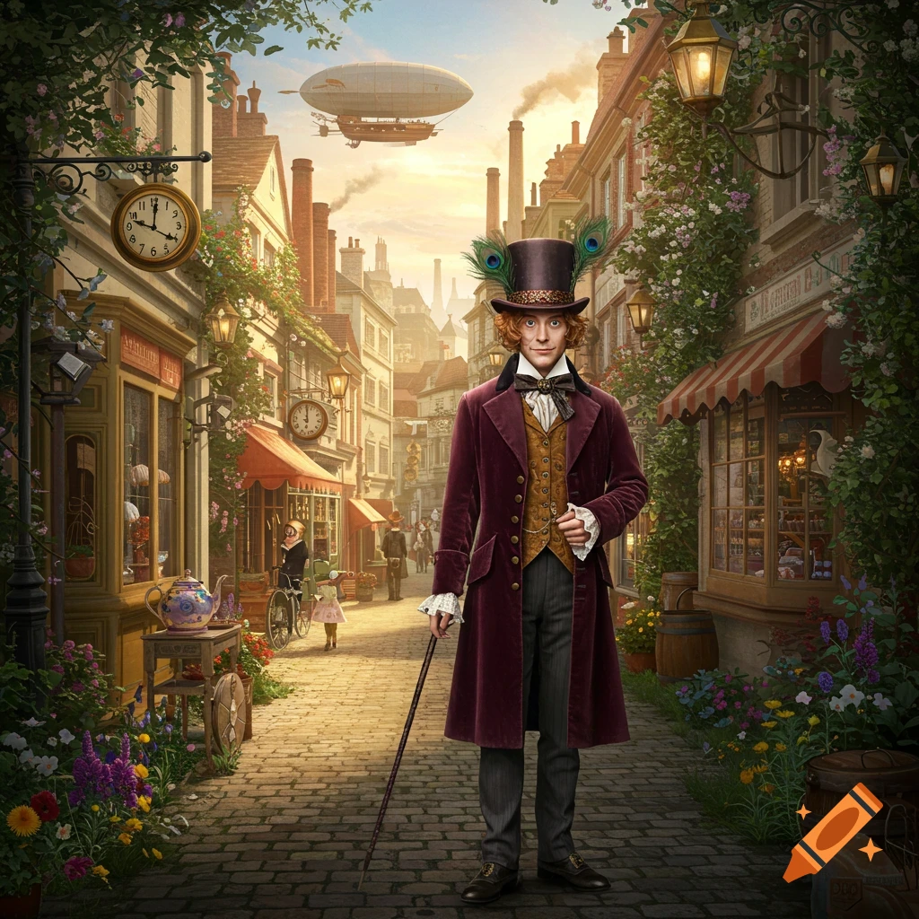A dandy in a top hat and maroon coat stands on a cobblestone street in a charming steampunk town with an airship flying overhead.