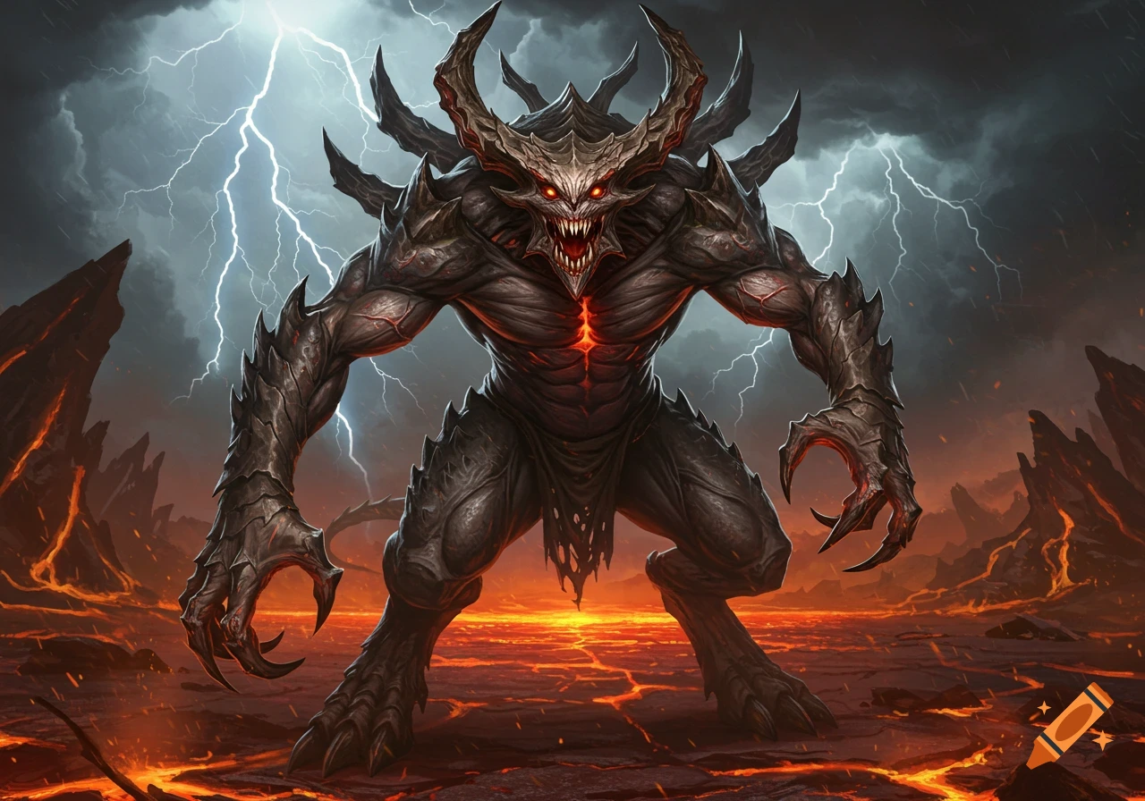 A monstrous, horned demon with glowing red eyes stands on a fiery volcanic landscape under a lightning-filled sky.
