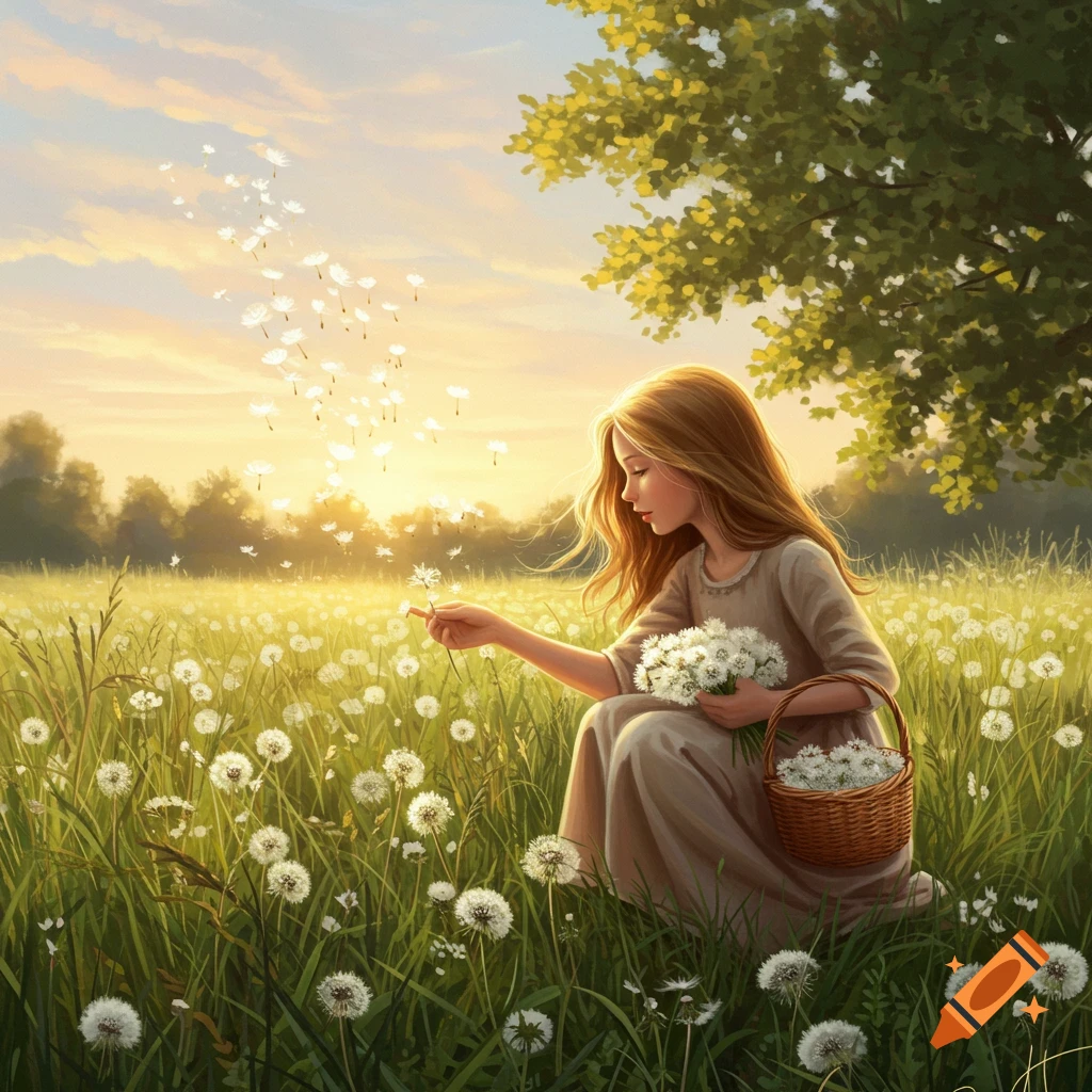 A young girl in a field of white dandelions at sunset, holding a basket of flowers, with seeds floating in the air.