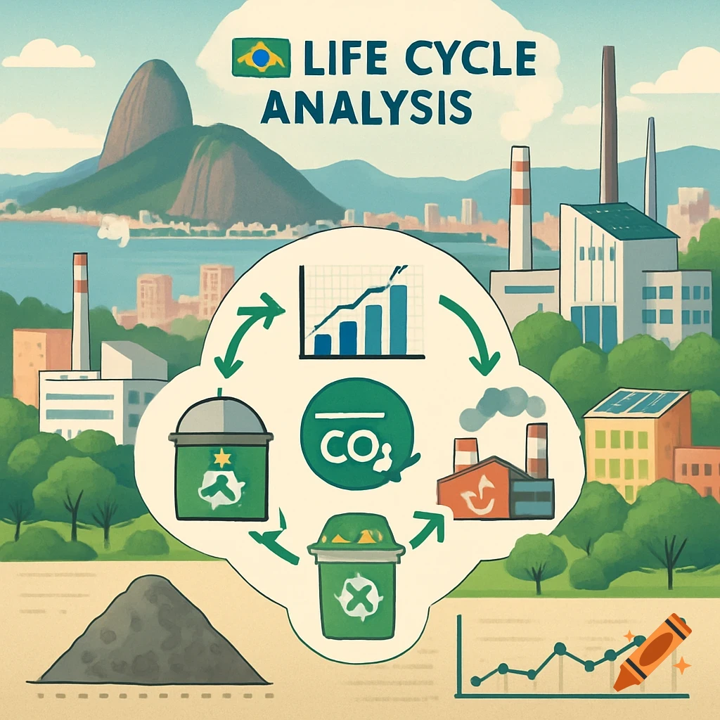 An infographic on 'Life Cycle Analysis' in Brazil, featuring a central diagram with recycling bins, CO2 symbol, factories, graphs, and a background of Rio de Janeiro's mountains and skyline.