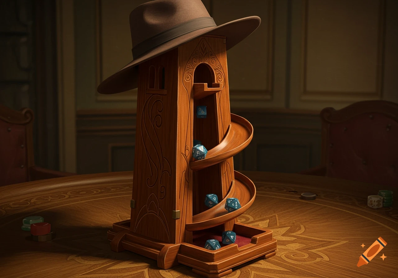 A detailed wooden dice tower with a fedora on top, sitting on a wooden gaming table with dice and chips.