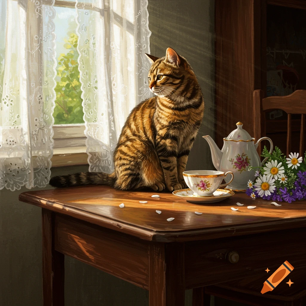 A tabby cat sits on a sunlit wooden table by a window with lace curtains, beside a teapot, teacup, and a bouquet of flowers in a detailed painting.