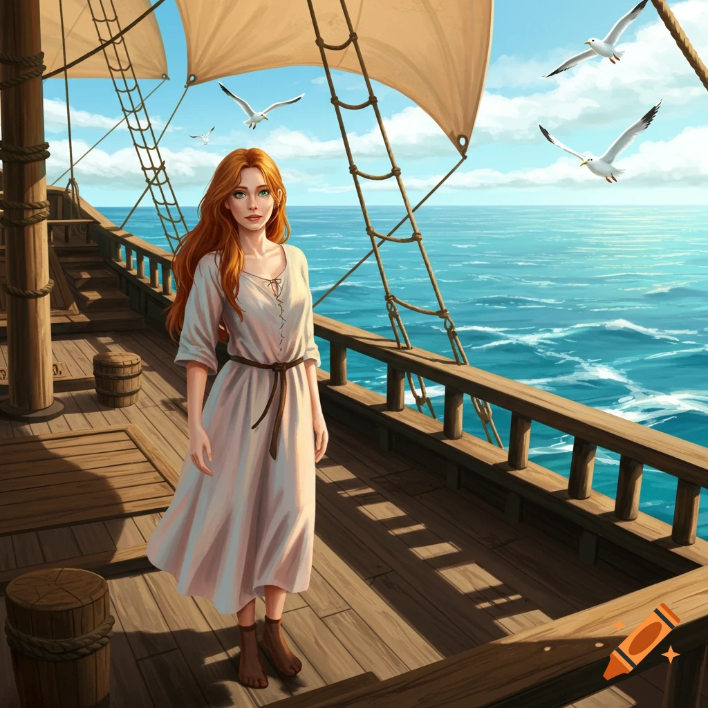 A red-haired woman in medieval clothes stands on a wooden ship deck, looking at the viewer. Sails billow, and seagulls fly over the blue ocean.