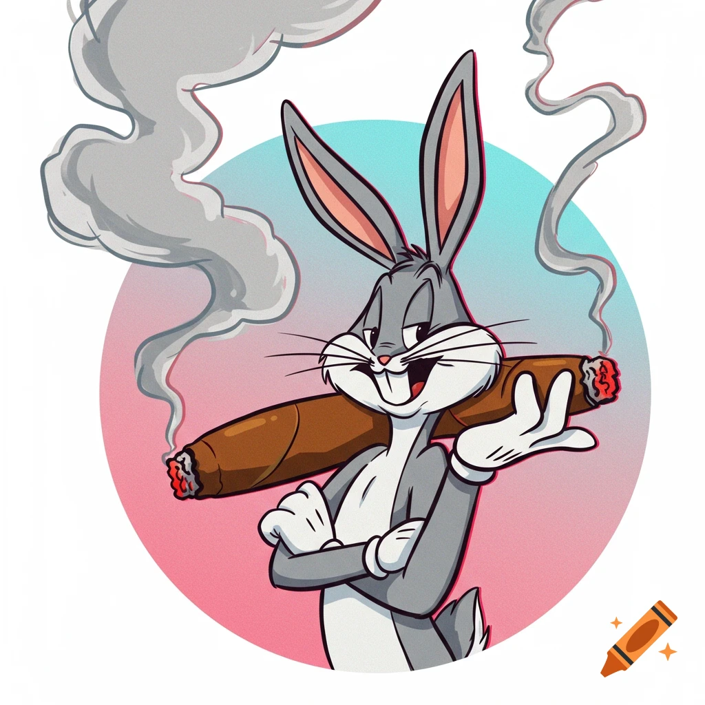 Bugs Bunny smiling and holding a lit cigar with smoke rising, set against a pink and blue circular background.