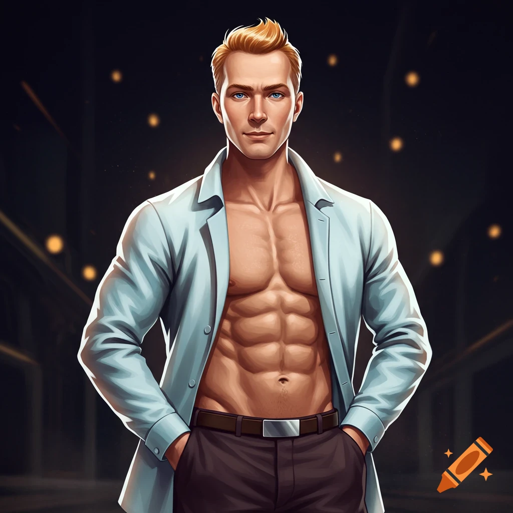 Cartoon illustration of a muscular man with blonde hair and blue eyes, wearing an open light blue jacket, against a dark background.