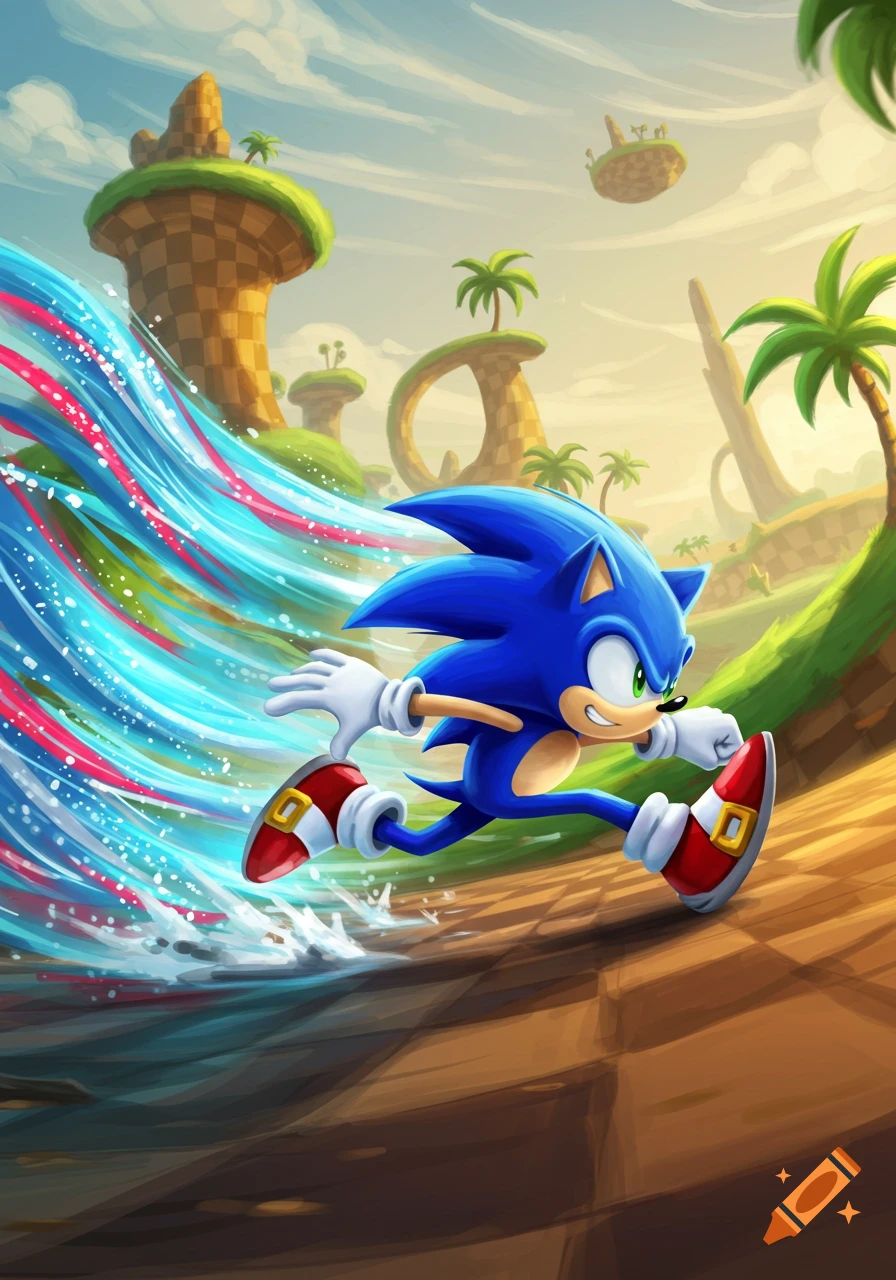 Sonic the Hedgehog runs at high speed through a vibrant Green Hill Zone-like landscape, leaving a blue and pink trail.