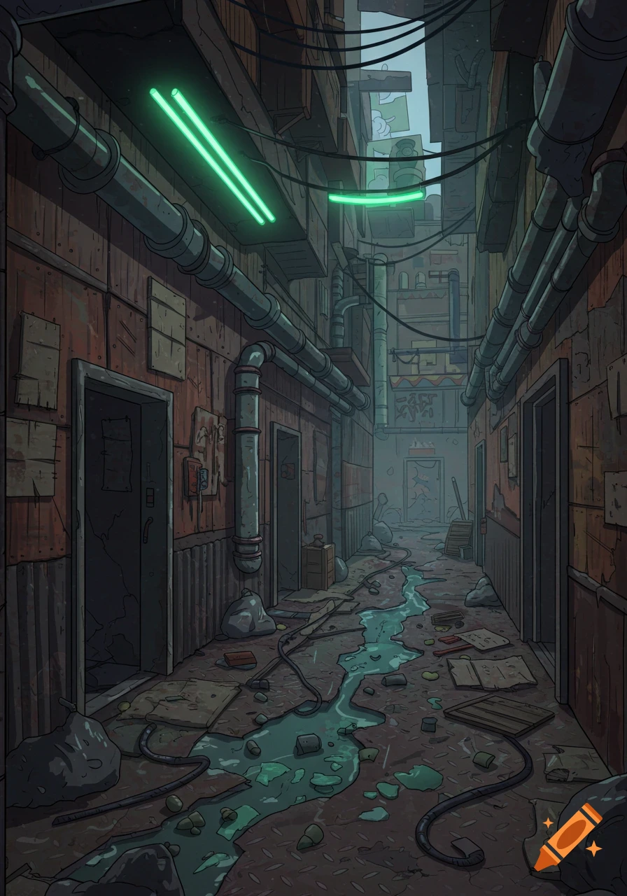 A 2D cartoon illustration of a dark, narrow dystopian sci-fi alley with green neon lights, exposed pipes, and dirty puddles.