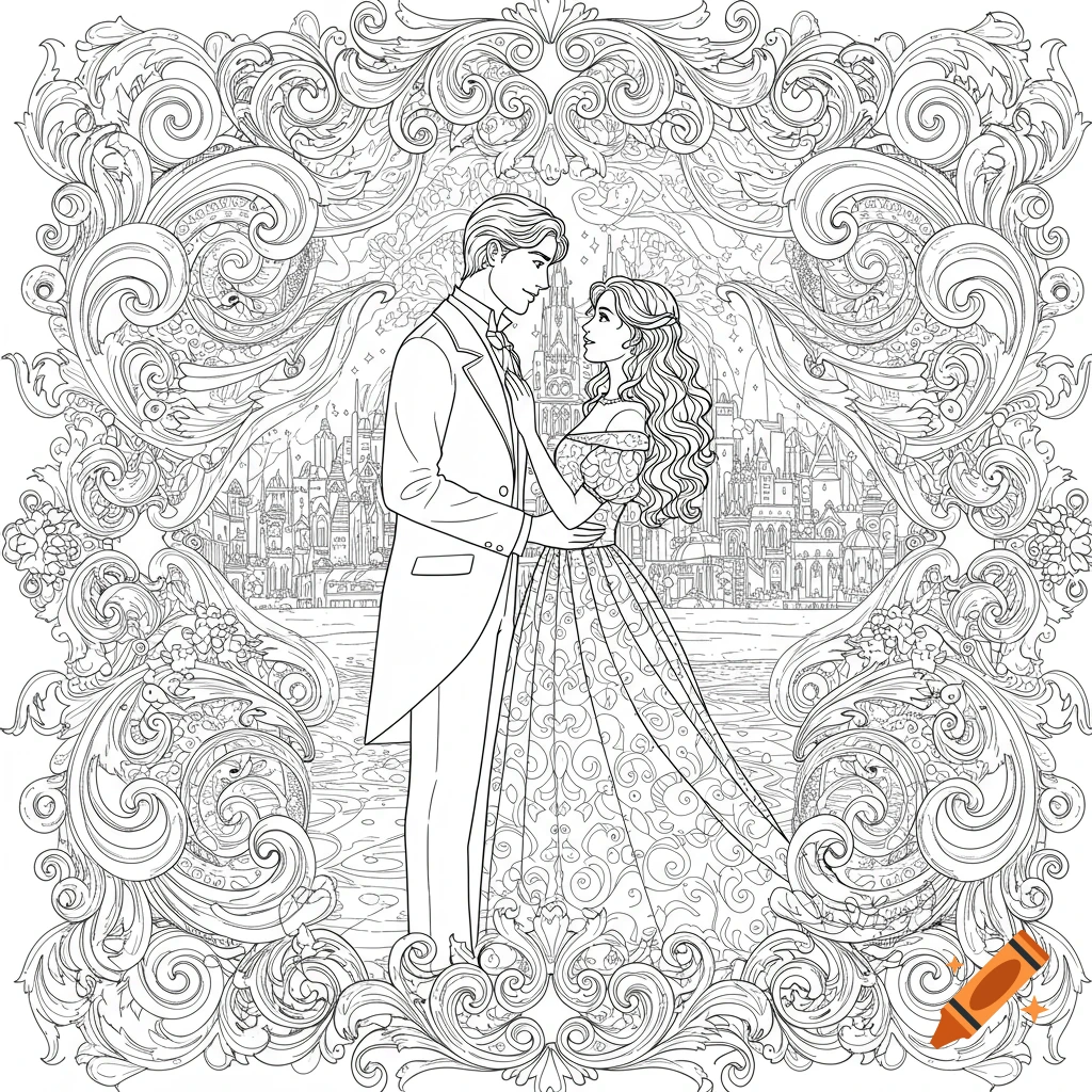 Line art coloring page of a couple in formal wear, framed by ornate patterns, with a detailed city in the background.