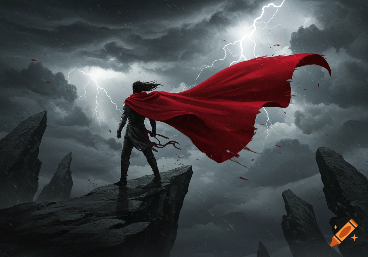A figure with a long red cape stands on a rocky cliff overlooking a stormy landscape with lightning.