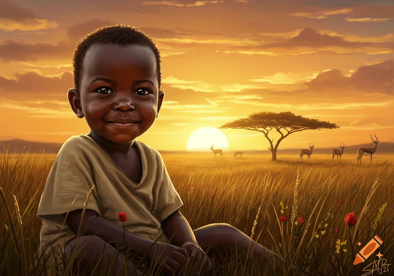 Happy African child sitting in savanna grass at sunset with antelopes and a tree in the background, illustrated style.
