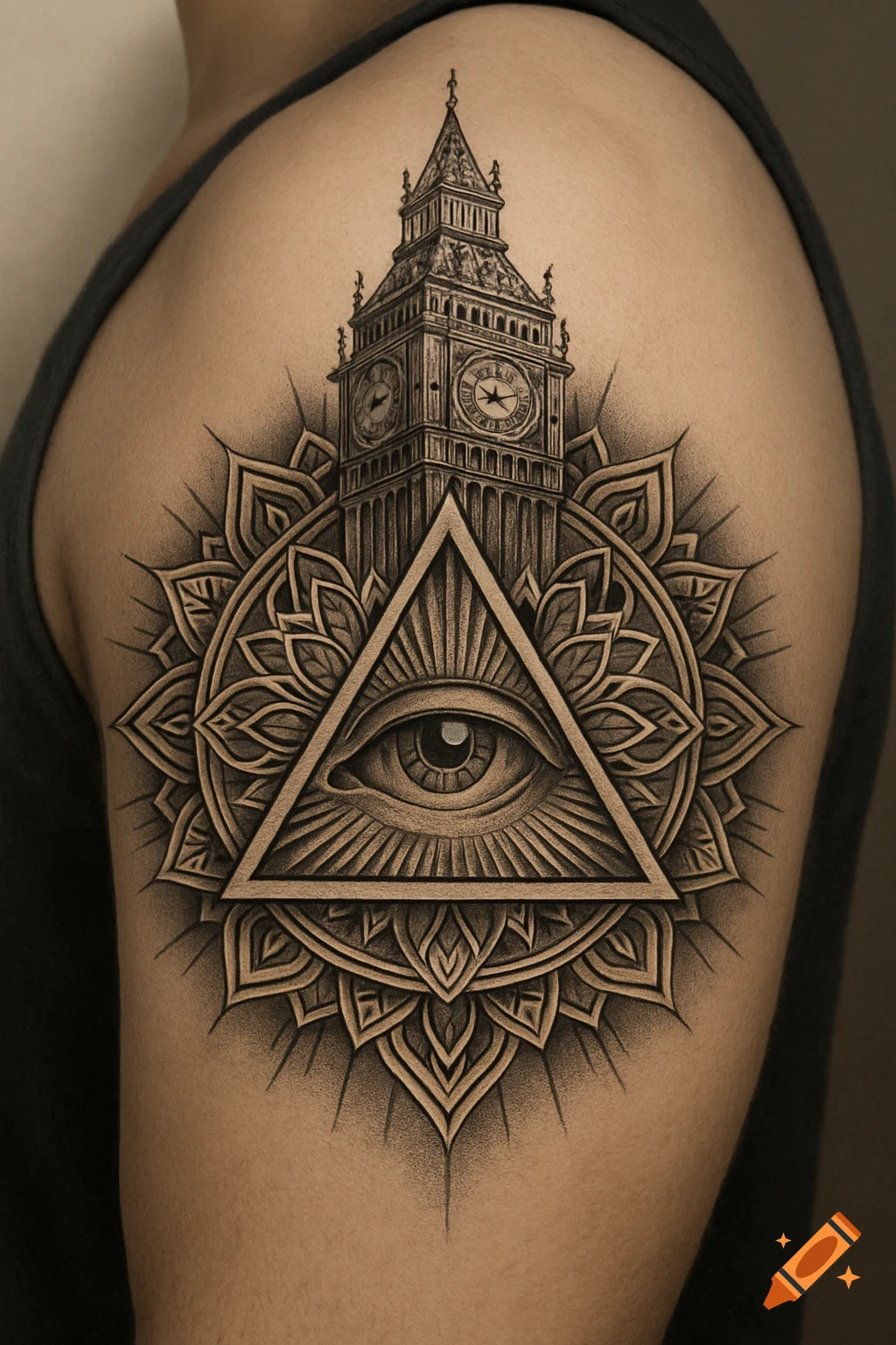 A detailed sepia-toned tattoo on an arm, featuring an all-seeing eye in a triangle, Big Ben, and an intricate mandala design.