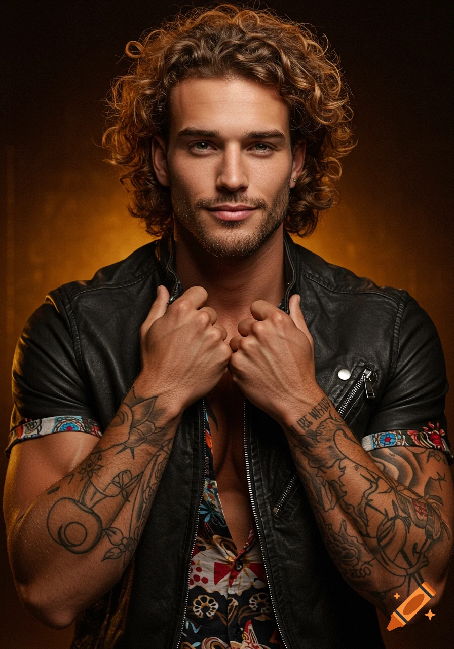 Photorealistic portrait of a handsome man with curly hair, beard, and tattoos, wearing a leather jacket.
